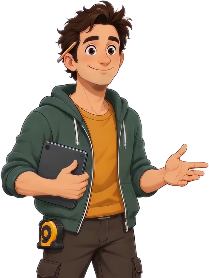 Klaus, die Lager-Klaus-Figur: junger Mann in grüner Kapuzenjacke mit Tablet unter dem Arm, der einladend zur Seite zeigt.